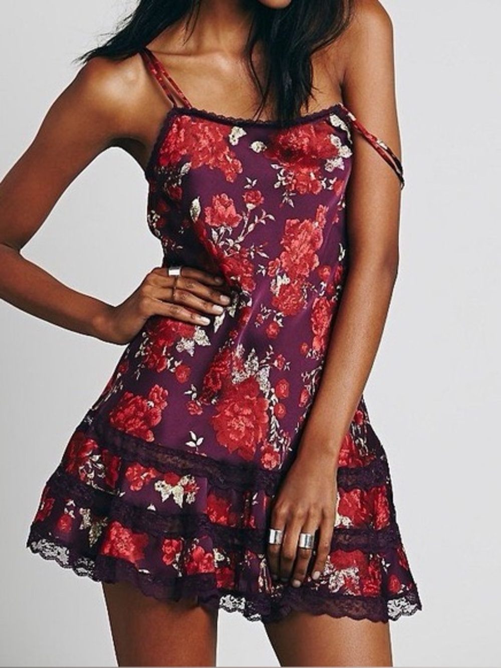 Free People Plum Red Floral Print Lace Trim Romantic Slip Cami Mini Dress